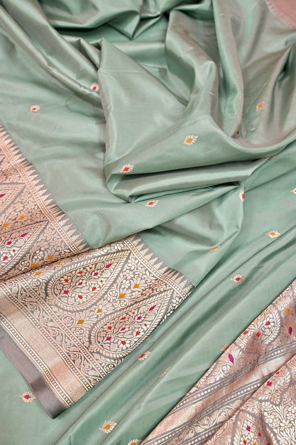Dusty Pista Green Color Katan Silk Banarasi with Zari and Meenakari Work