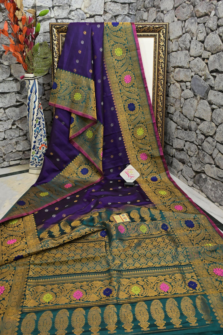 Eggplant Color Gadwal Silk Saree with Kanchi Meenakari border with Chand Buti