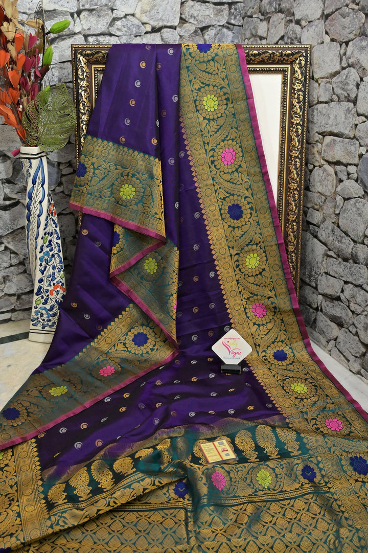 Eggplant Color Gadwal Silk Saree with Kanchi Meenakari border with Chand Buti