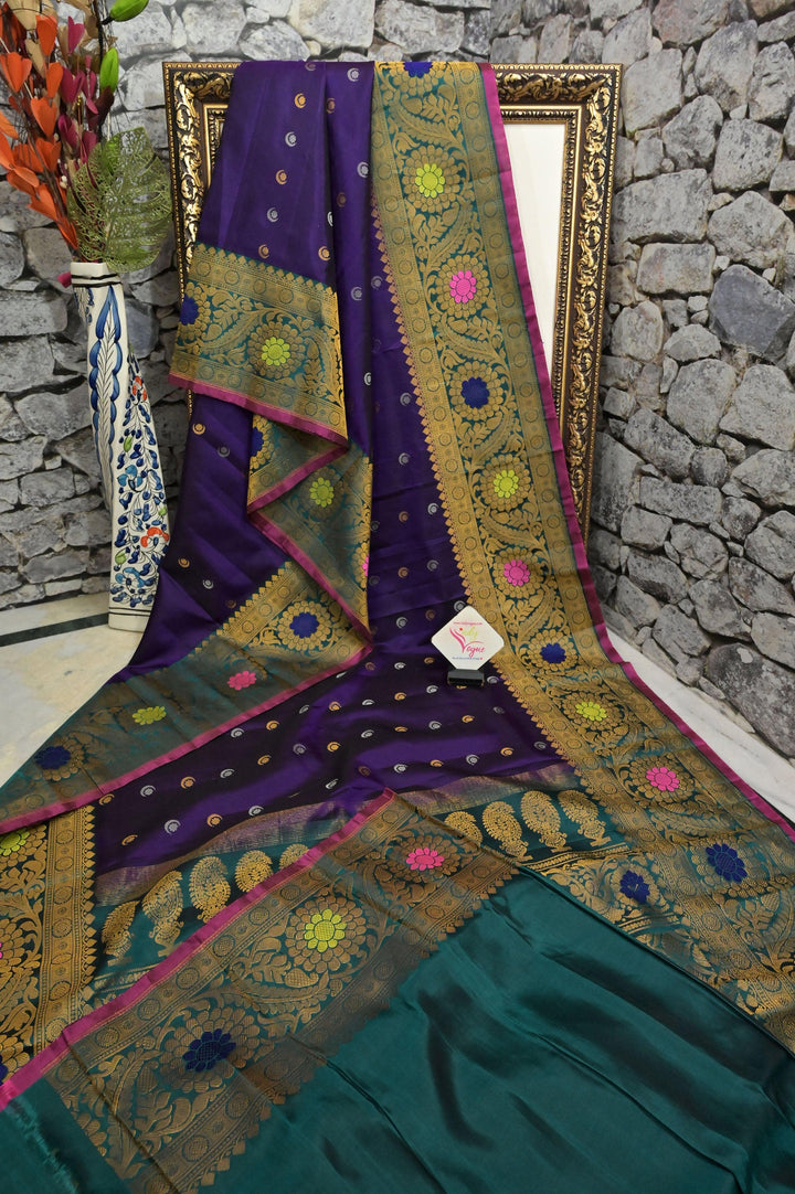 Eggplant Color Gadwal Silk Saree with Kanchi Meenakari border with Chand Buti