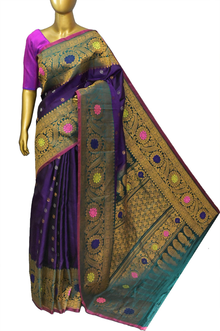 Eggplant Color Gadwal Silk Saree with Kanchi Meenakari border with Chand Buti