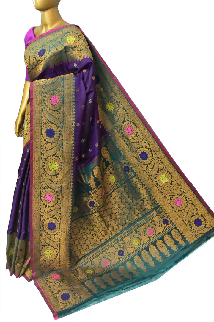 Eggplant Color Gadwal Silk Saree with Kanchi Meenakari border with Chand Buti