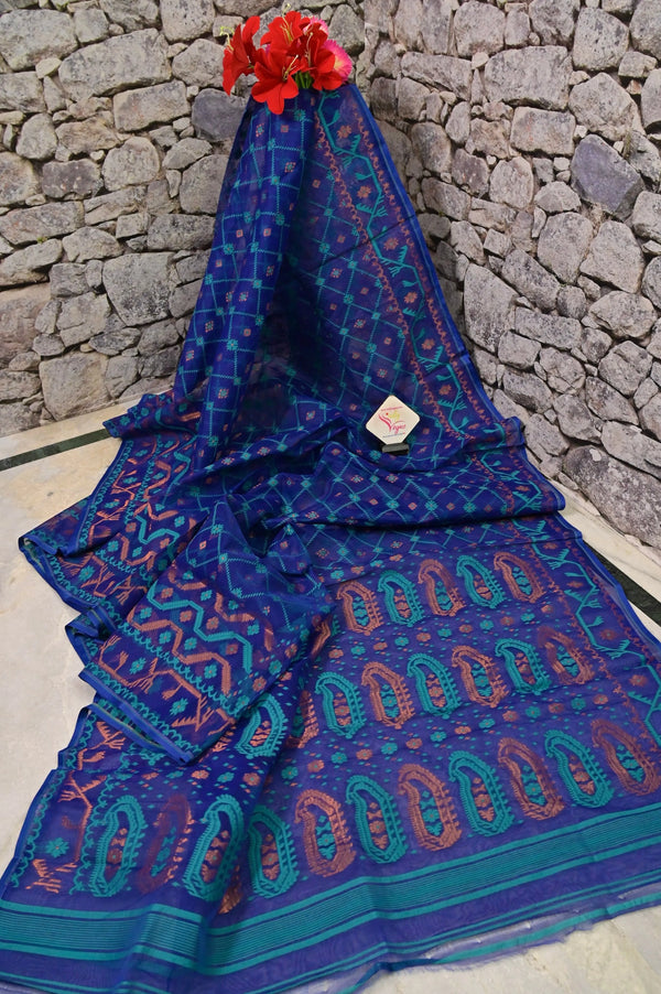 Egyptian Blue Color Jamdani Saree with Allover Jamdani Weaving and Zari Work