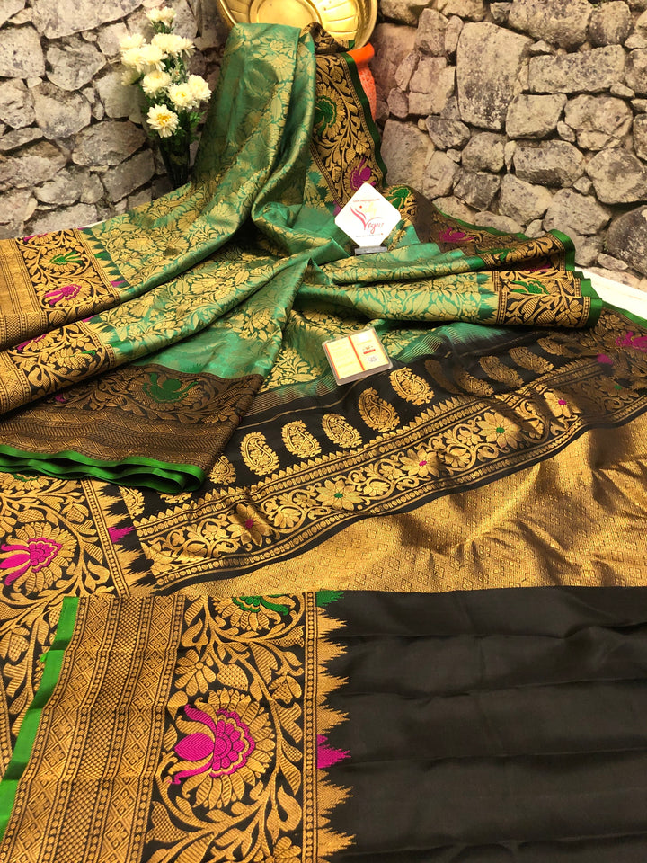Emerald Green Color Gadwal Silk Saree with Brocade Zari and Meenakari Work