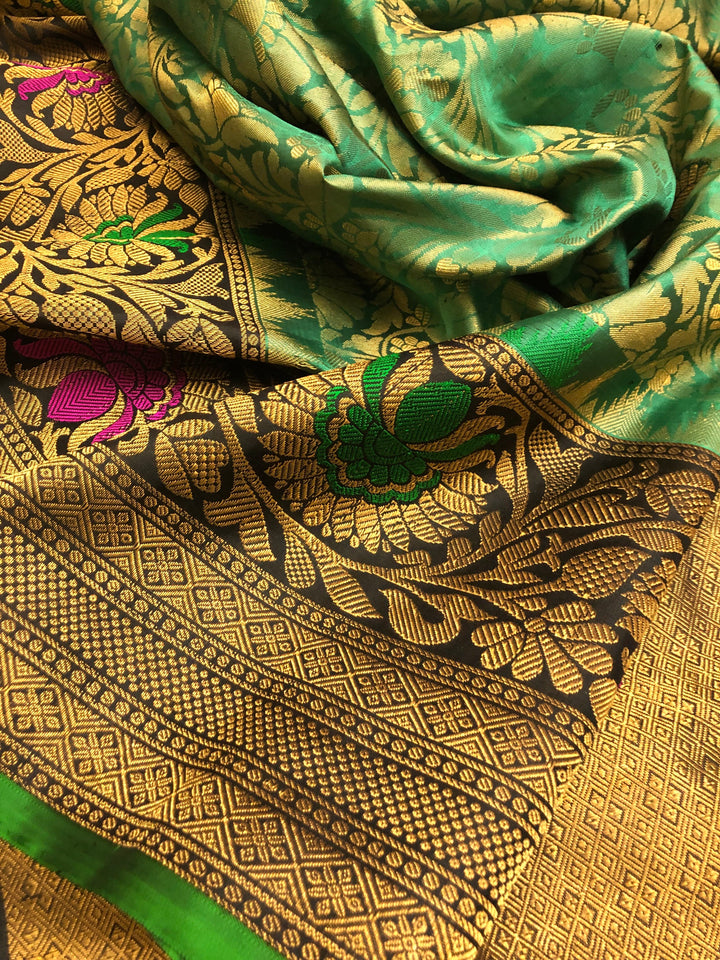 Emerald Green Color Gadwal Silk Saree with Brocade Zari and Meenakari Work