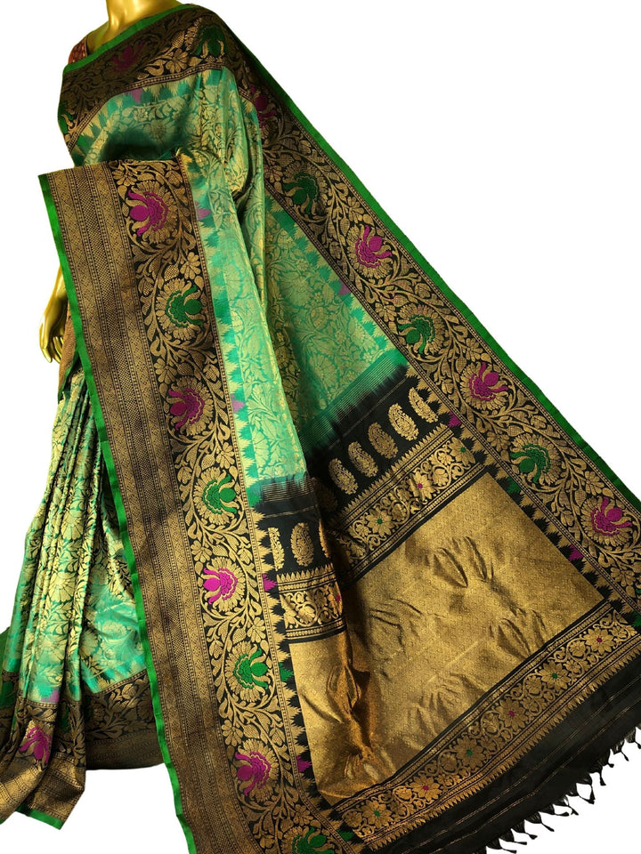Emerald Green Color Gadwal Silk Saree with Brocade Zari and Meenakari Work