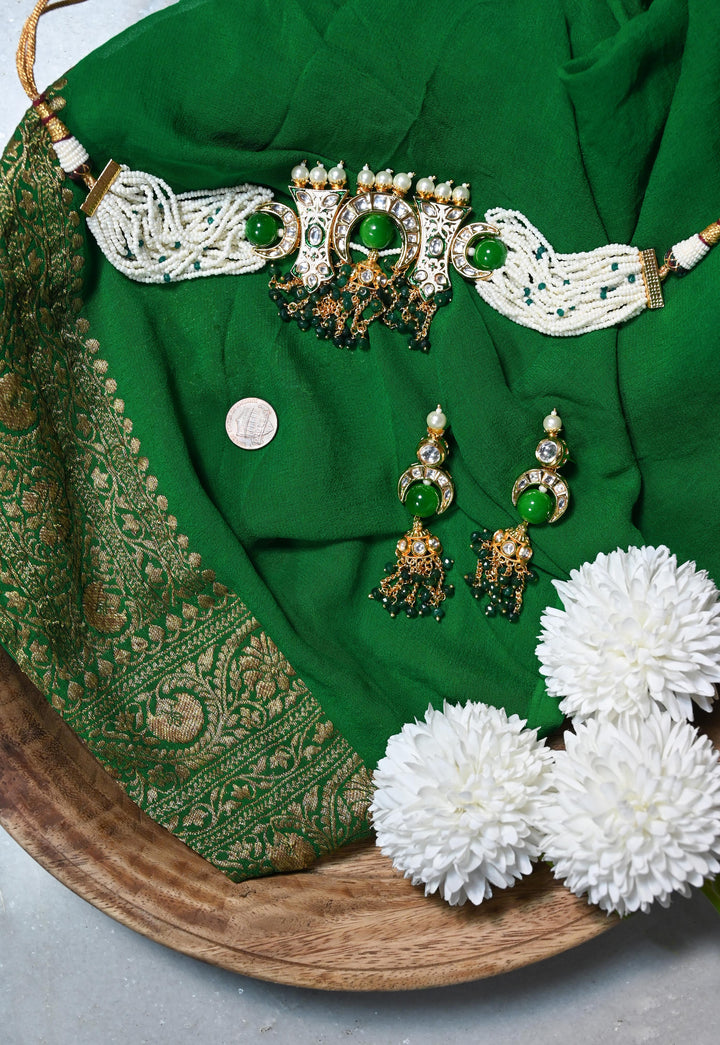 Emerald Green Kundan Shelley Choker Necklace Set ko po