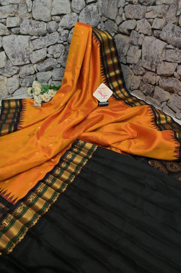 Fire Orange and Black Color Gadwal Silk Saree with Buti Work