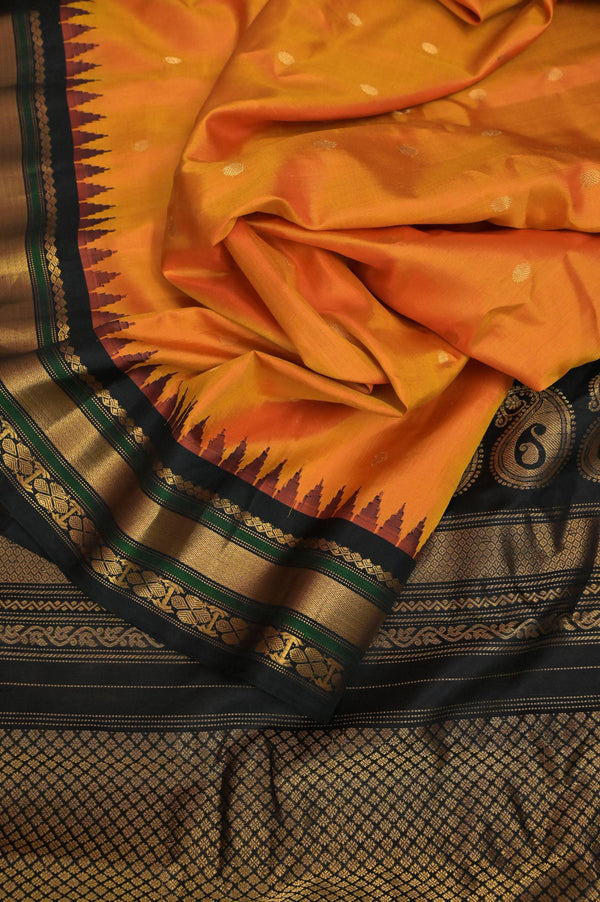 Fire Orange and Black Color Gadwal Silk Saree with Buti Work