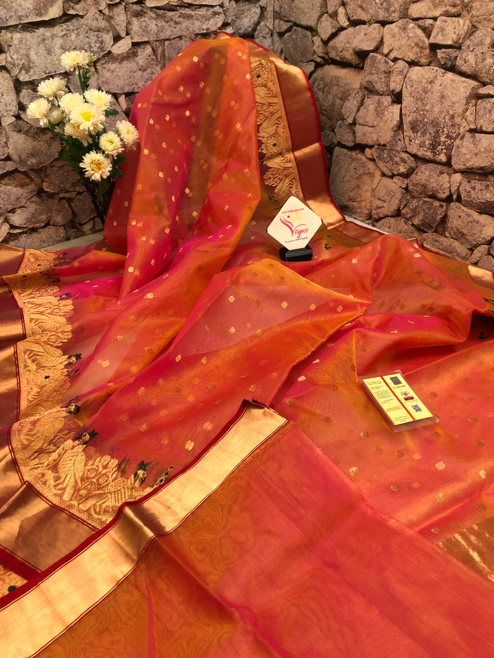 Fire Orange and Pink Dual Color Pure Chanderi Banarasi Silk Saree