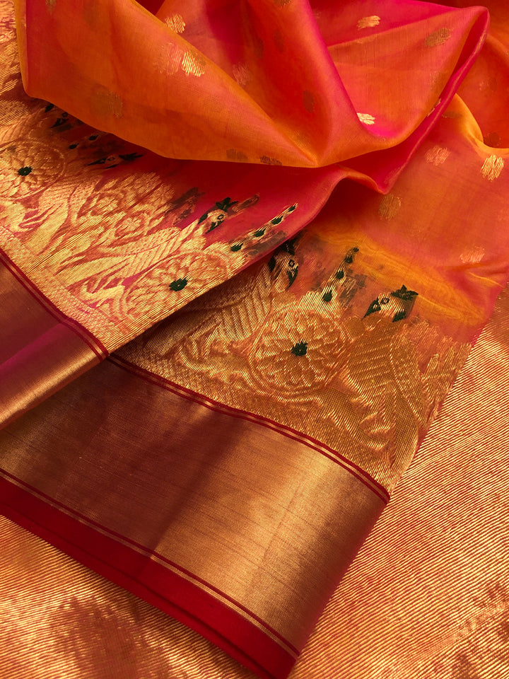 Fire Orange and Pink Dual Color Pure Chanderi Banarasi Silk Saree