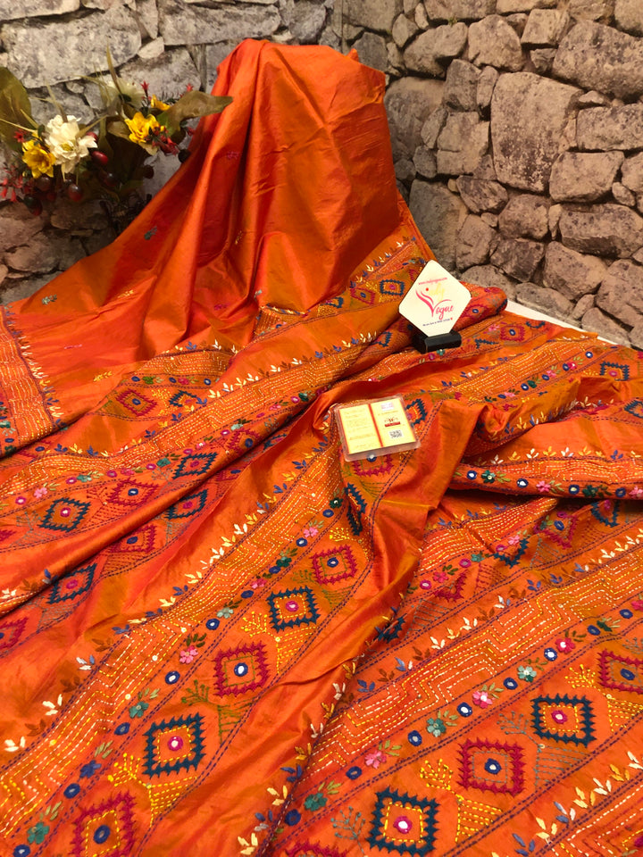 Fire Orange Color Pure Bangalore Silk with Kantha Stitch and Lambani Work