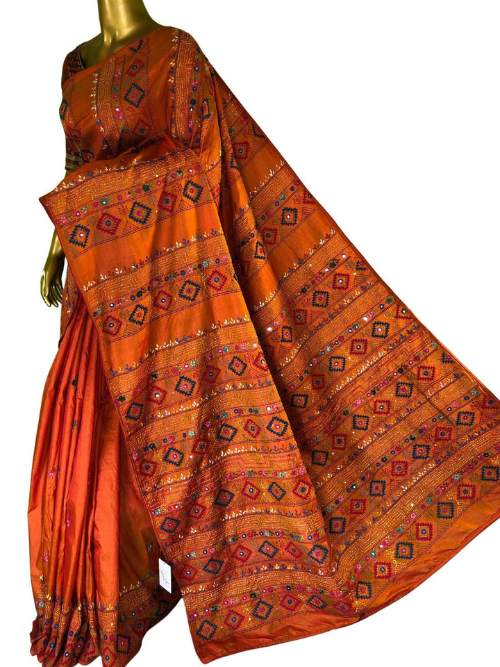 Fire Orange Color Pure Bangalore Silk with Kantha Stitch and Lambani Work