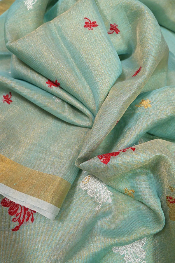 Firozi Color Tissue Linen Saree with Allover Silver and Golden Zari Butta Work