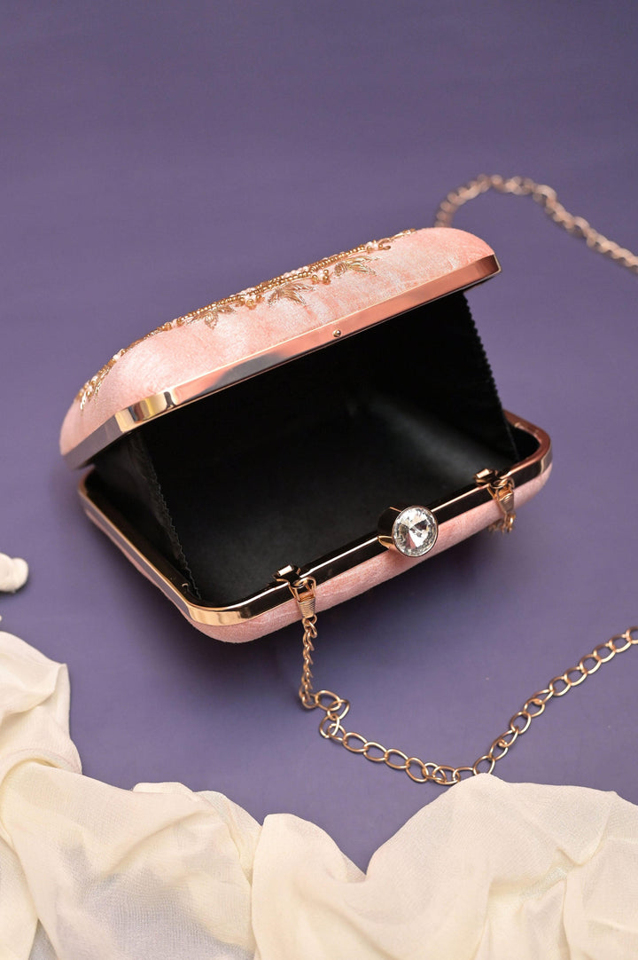 Flamingo Pink Color Box Clutch Bag with Zari and Pearl Embroidery
