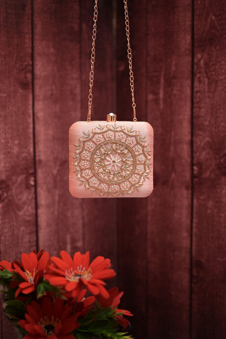 Flamingo Pink Color Box Clutch Bag with Zari and Pearl Embroidery