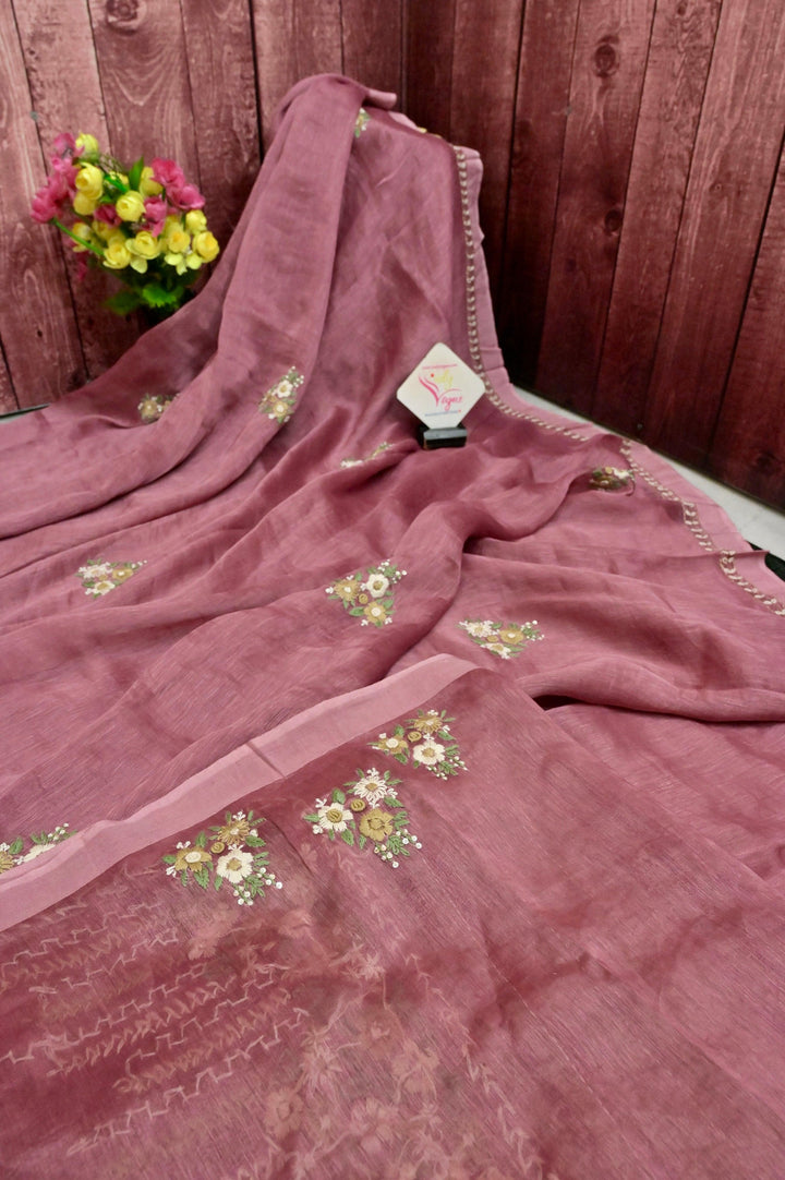 French Onion Color Silk Linen with hand Parsi Embroidery and Kantha Stitch