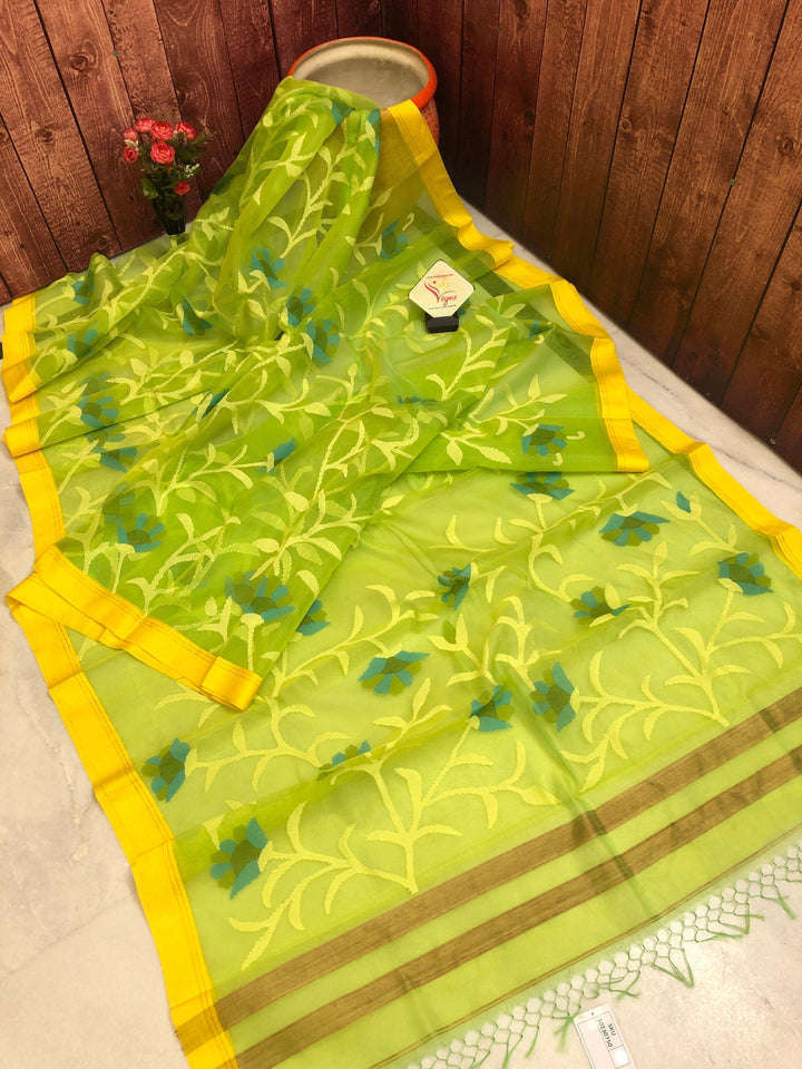 Fresh Green Color Muslin Saree with Allover Jamdani Weaving
