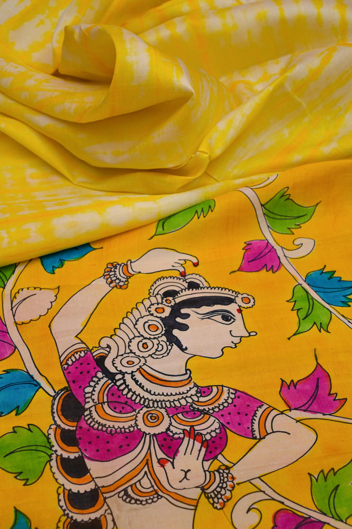 Fresh Yellow Color Pure Bishnupur Katan Silk with Hand Painted Kalamkari & Hand Shibori Dye