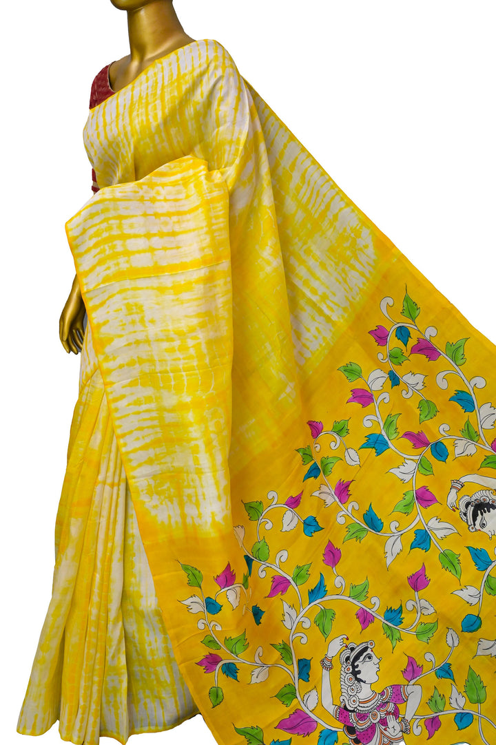 Fresh Yellow Color Pure Bishnupur Katan Silk with Hand Painted Kalamkari & Hand Shibori Dye