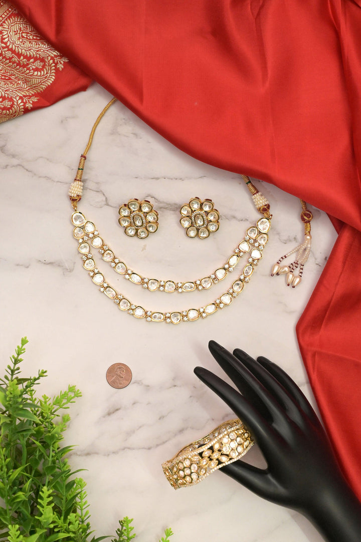 Gold Plated Brass Metal Double Layer Collar Necklace Set with Kundan and AD Stone