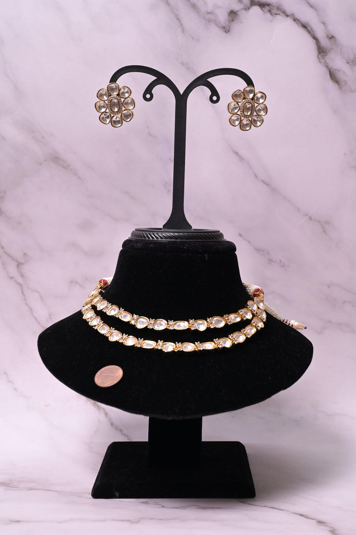 Gold Plated Brass Metal Double Layer Collar Necklace Set with Kundan and AD Stone