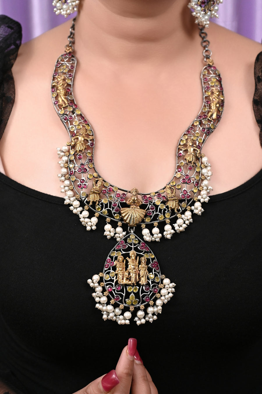 Golden and Black Polish Dual-Tone Metal Marwar Ram Sita Necklace Set with Monalisa and Pearl  Work