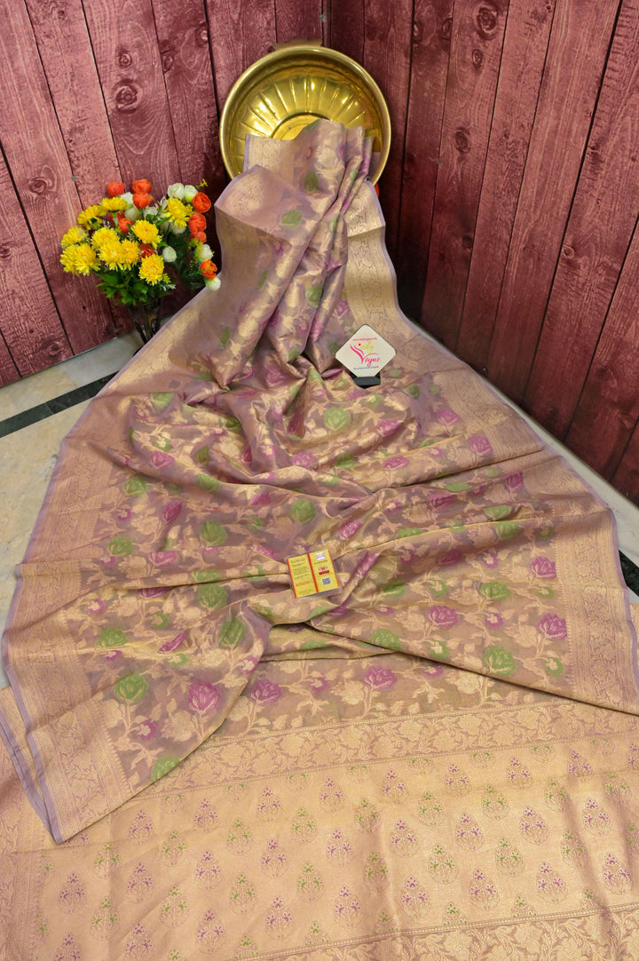 Golden and Lavender Dual Tone Color Tissue Organza Banarasi with Zari Work