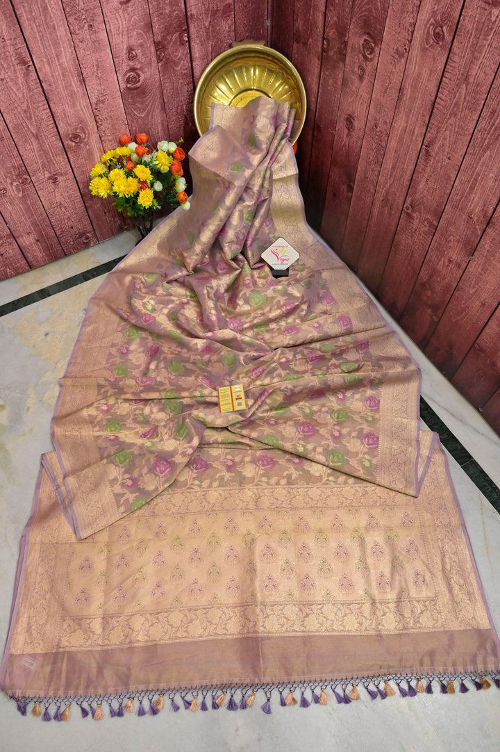 Golden and Lavender Dual Tone Color Tissue Organza Banarasi with Zari Work