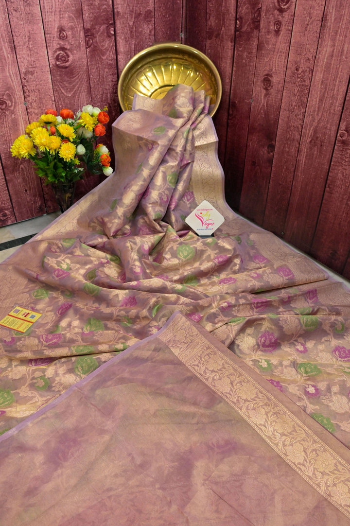 Golden and Lavender Dual Tone Color Tissue Organza Banarasi with Zari Work