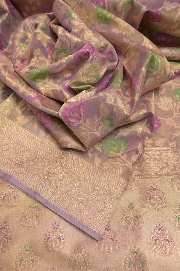 Golden and Lavender Dual Tone Color Tissue Organza Banarasi with Zari Work