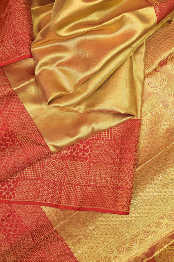 Golden and Red Color Pure Tissue Kanjeevaram Silk Saree with Contrast Border