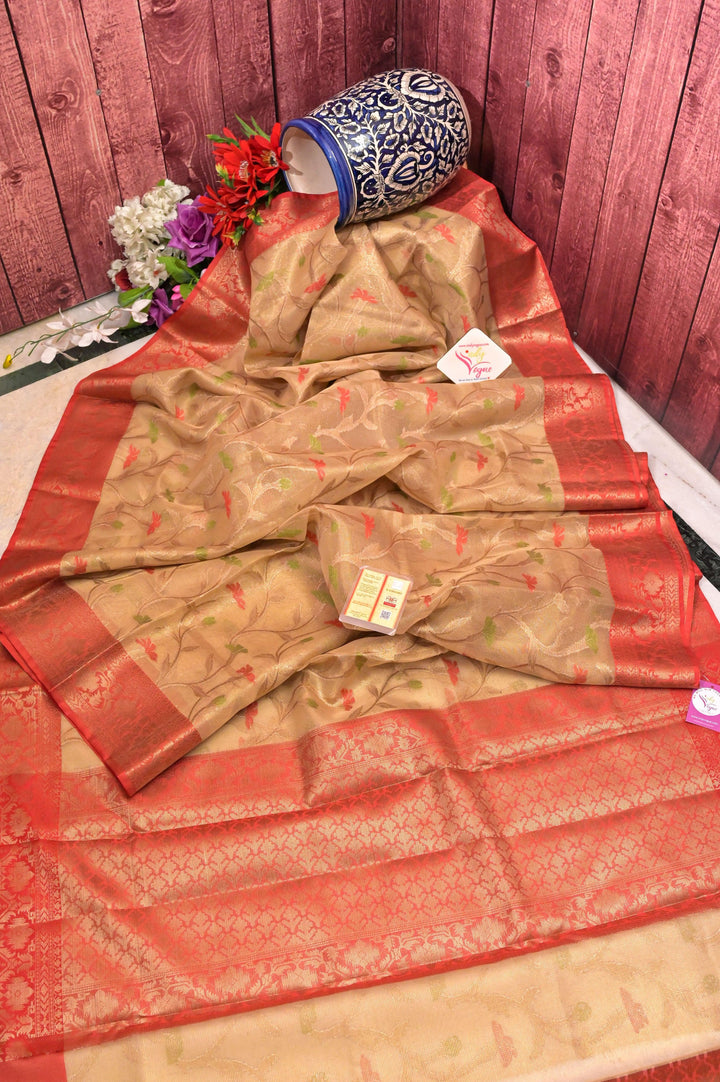Golden and Red Color Tissue Banarasi Saree with with Allover Jaal Zari Work