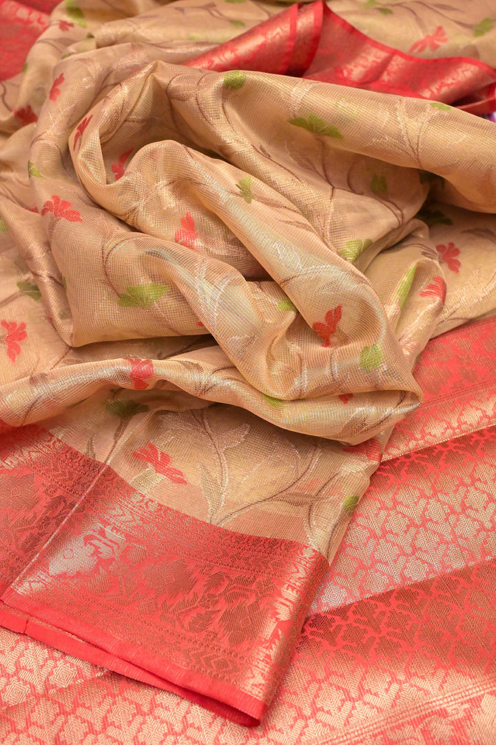 Golden and Red Color Tissue Banarasi Saree with with Allover Jaal Zari Work