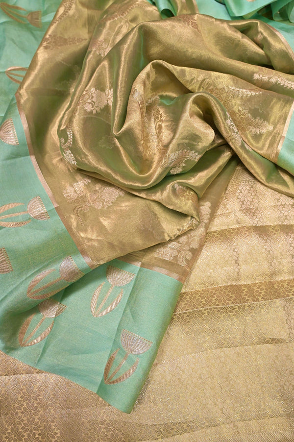 Golden and Sea Green Pure Tissue Banarasi Saree with Satin Work and Zari Work