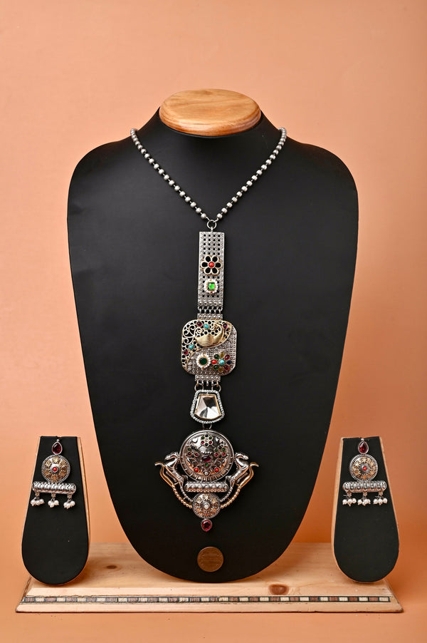Golden and Silver Dual Tone Boho Long Collar Necklace Set with Monalisa Stone and Pachi Kundan Work