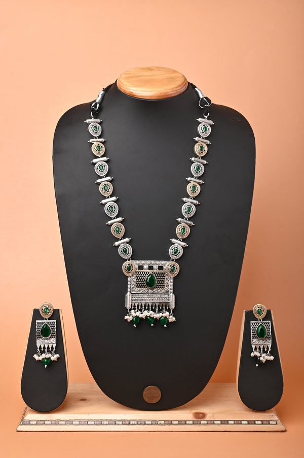 Golden and Silver Metal Long Necklace Set with Large Pendant and Monalisa Stonework