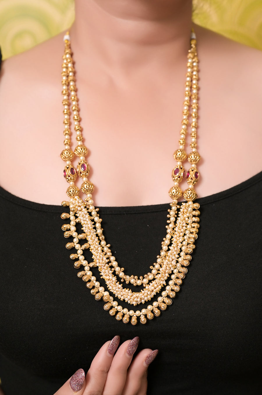 Golden and White Faux Cluster Pearl Three Layer Royal Necklace Set