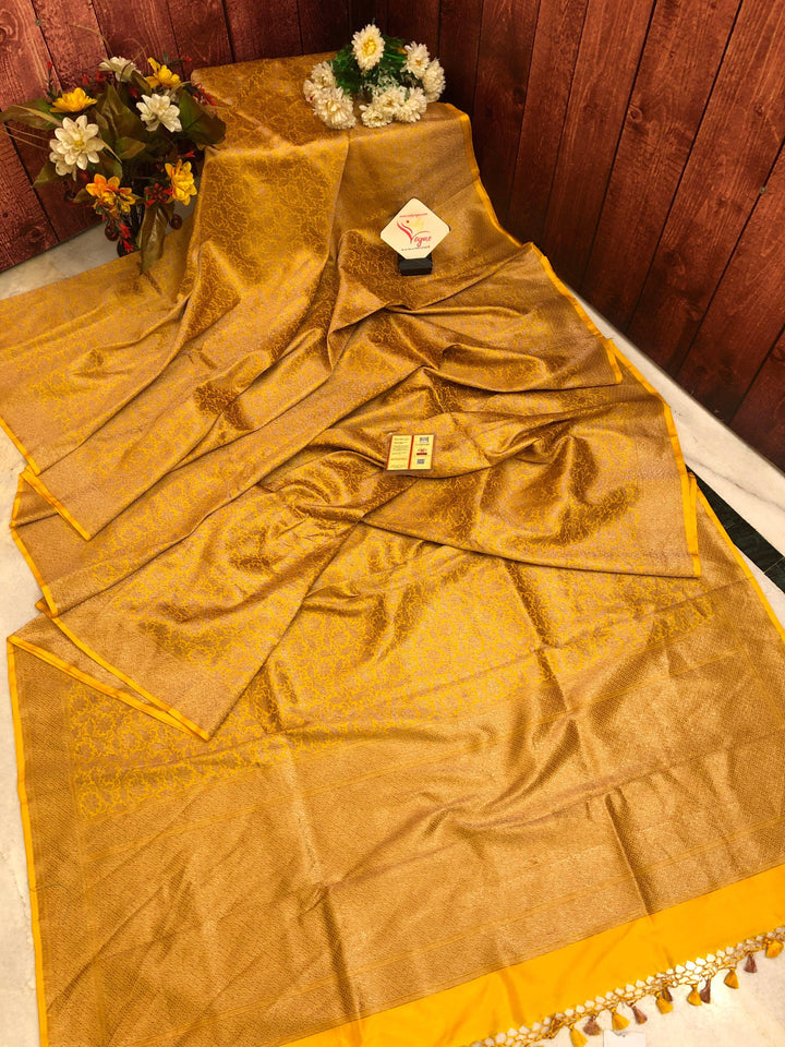 Golden Brass Color Katan Banarasi Saree with Brocade Work