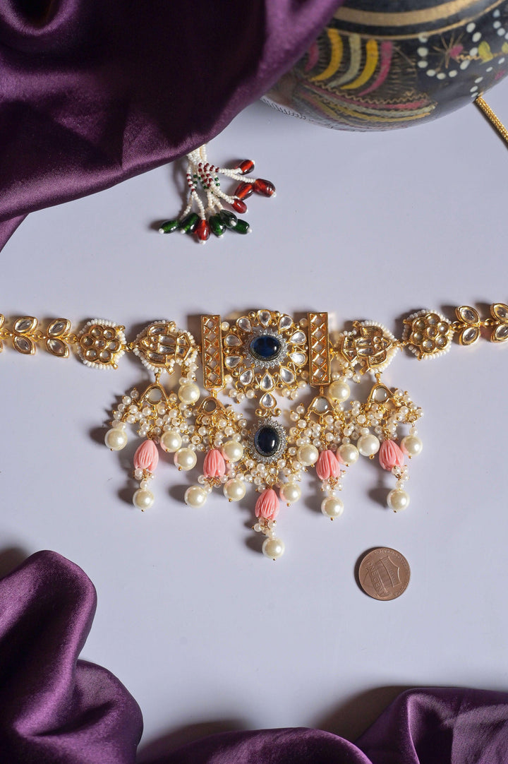 Golden Choker Necklace Set with Pota Stones and Lapis Lazuli Beads