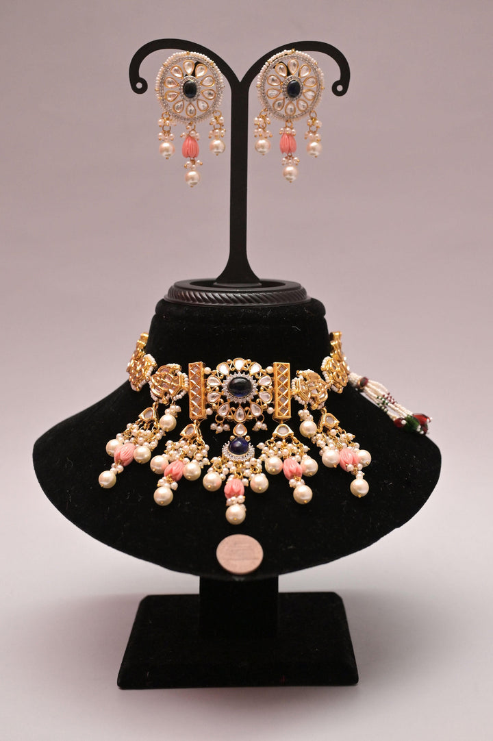 Golden Choker Necklace Set with Pota Stones and Lapis Lazuli Beads