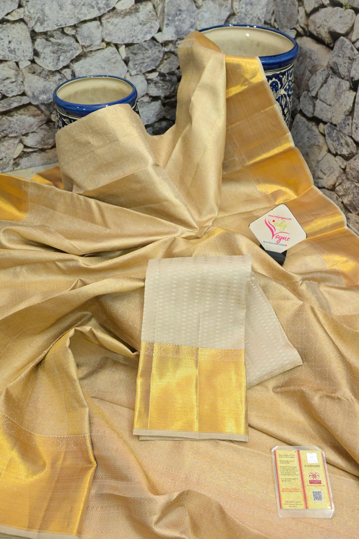 Golden Color Pure Kanjeevaram Silk Saree with Pure Gold Zari with Self-Weaving
