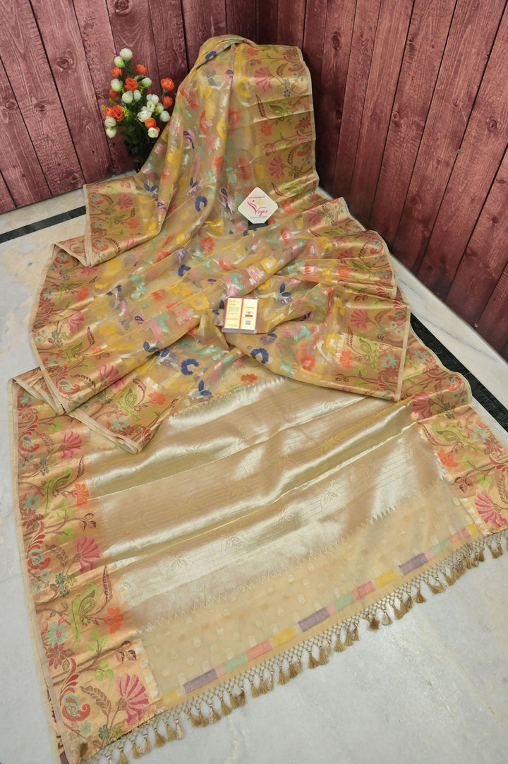 Golden Color Tissue Banarasi Saree with Allover Jaal and Meenakari Work
