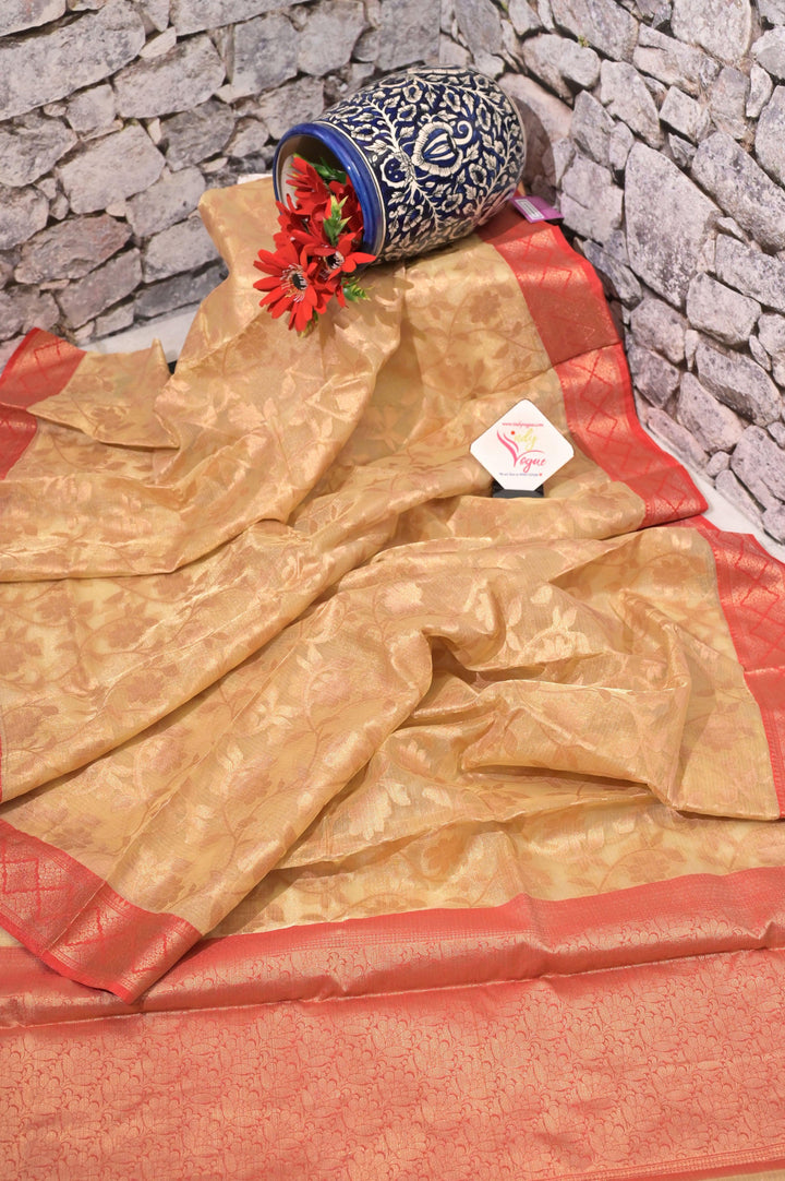 Golden Color Tissue Banarasi Saree with Allover Jaal Zari and Golden Buti Work