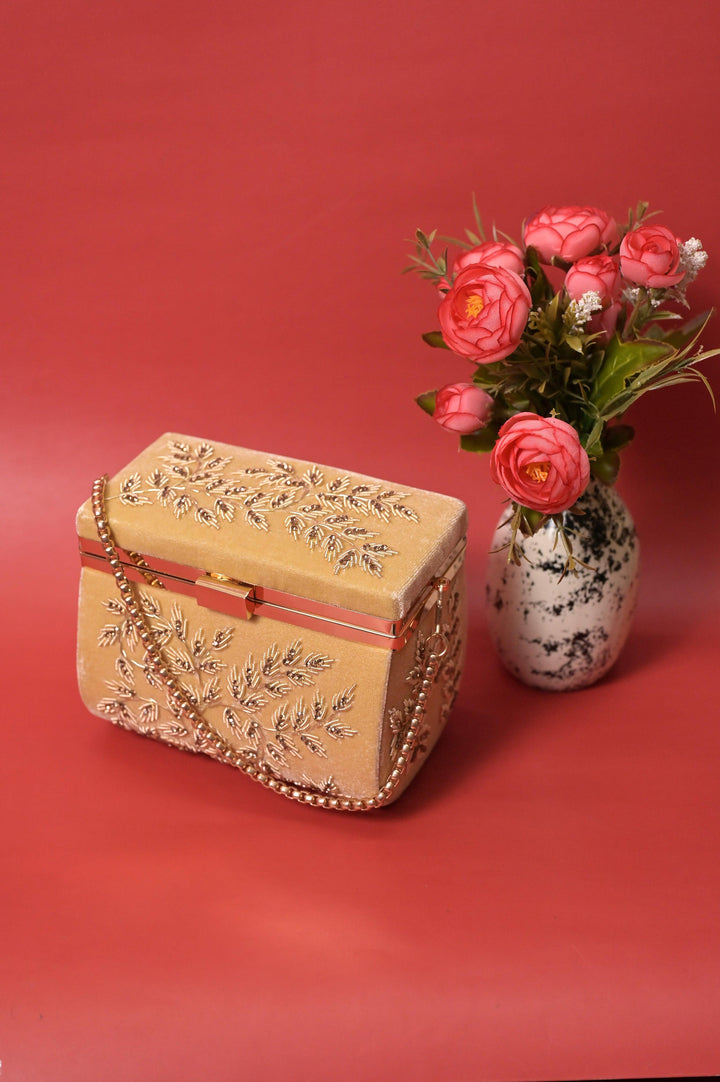 Golden Color Velvet Box Clutch Bag with Hand Zardosi Work