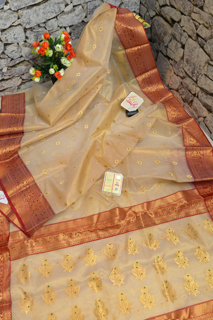 Golden Cream Color Tissue Chanderi Banarasi Saree with Meenakari