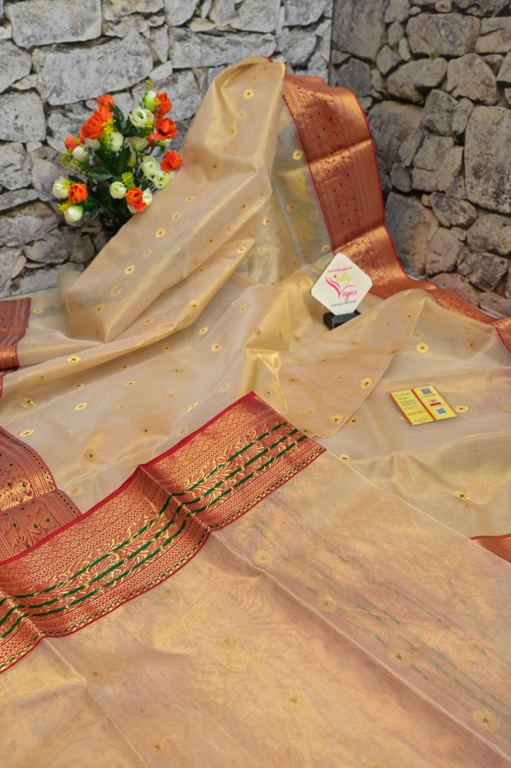 Golden Cream Color Tissue Chanderi Banarasi Saree with Meenakari
