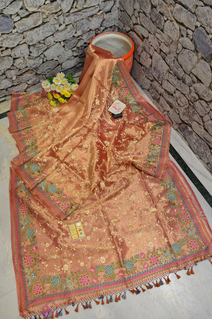 Golden Dual-Tone Color Tissue Silk Saree with Meenakari and Jaal Zari Work
