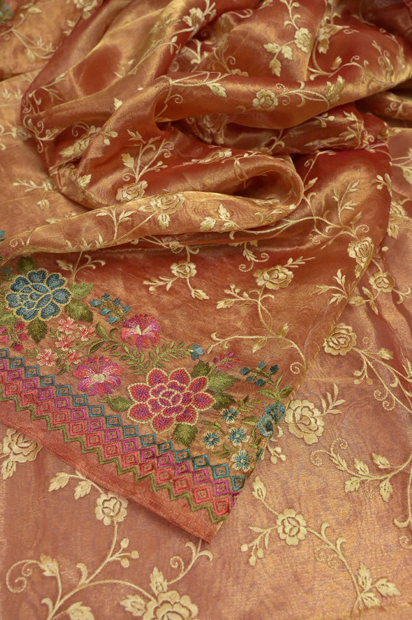 Golden Dual-Tone Color Tissue Silk Saree with Meenakari and Jaal Zari Work