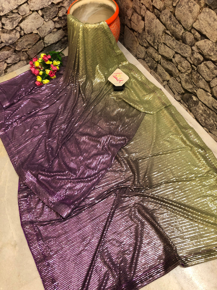 Golden Green and Purple Color Designer Net Sarees with Sequin Weaving